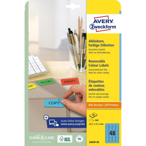 Etiketten Inkjet+Laser+Kopier 45,7x21,2mm auf A4 Bögen blau wiederablösbar Zweckform L6039-20 (PACK=960 STÜCK) Produktbild Additional View 1 L