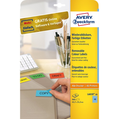 Etiketten Inkjet+Laser+Kopier 45,7x21,2mm auf A4 Bögen blau wiederablösbar Zweckform L6039-20 (PACK=960 STÜCK) Produktbild Additional View 1 L