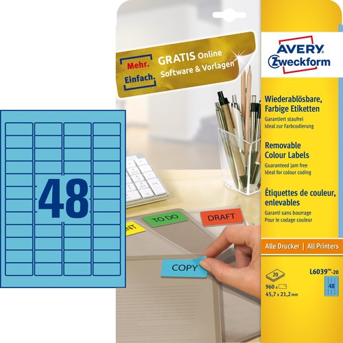 Etiketten Inkjet+Laser+Kopier 45,7x21,2mm auf A4 Bögen blau wiederablösbar Zweckform L6039-20 (PACK=960 STÜCK) Produktbild
