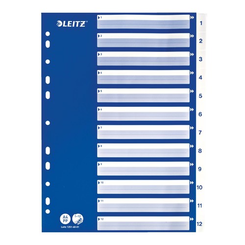 Register A4 225x297mm Zahlen 1-12 weiß Plastik Leitz 1251-60-01 Produktbild Front View L