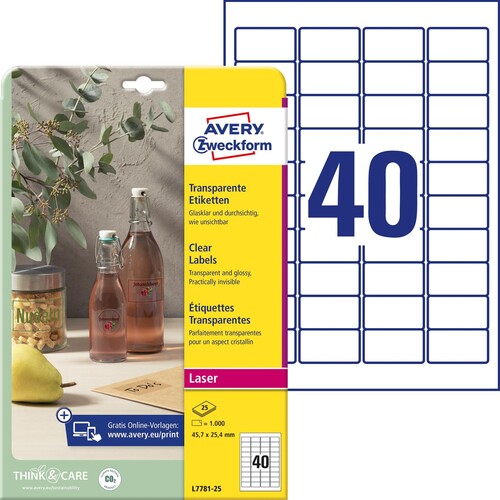 Etiketten Laser+Kopier 45,7x25,4mm auf A4 Bögen kristallklar Zweckform L7781-25 (PACK=1000 STÜCK) Produktbild