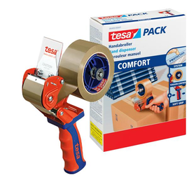 Handabroller Tesapack Comfort für Packbänder füllbar bis 50mm x 66m rot/blau Tesa 0640000001-02 Produktbild