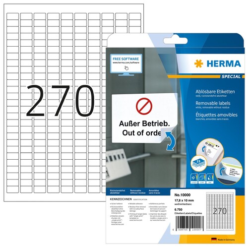 Etiketten Inkjet+Laser+Kopier 17,8x10mm auf A4 Bögen weiß Movables wiederablösbar Herma 10000 (PACK=6750 STÜCK) Produktbild