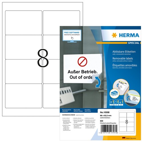 Etiketten Inkjet+Laser+Kopier 96x63,5mm auf A4 Bögen Movables weiß wiederablösbar Herma 10308 (PACK=800 STÜCK) Produktbild