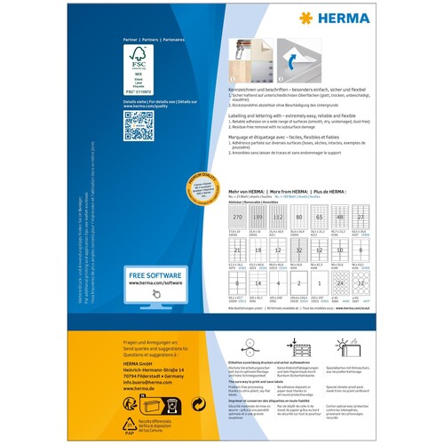 Etiketten Inkjet+Laser+Kopier 96x63,5mm auf A4 Bögen Movables weiß wiederablösbar Herma 10308 (PACK=800 STÜCK) Produktbild Additional View 1 L