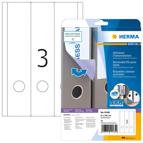 Rückenschilder zum Bedrucken 61x297mm lang breit auf A4 Bögen Movables weiß wiederablösbar Herma 10185 (PACK=75 STÜCK) Produktbild