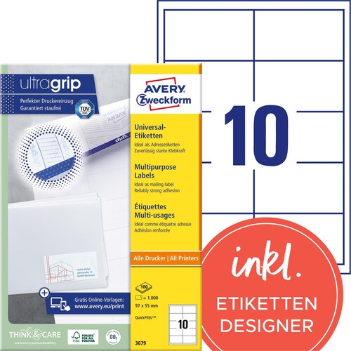 Etiketten Inkjet+Laser+Kopier 97x55mm auf A4 Bögen weiß Zweckform 3679 (PACK=1000 STÜCK) Produktbild