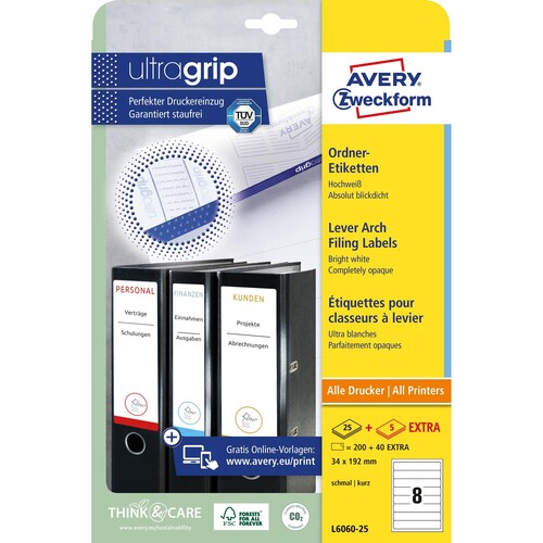 Rückenschilder zum Bedrucken 34x192mm kurz schmal auf A4 Bögen weiß selbstklebend Zweckform L6060-25 (PACK=240 STÜCK) Produktbild Additional View 1 L