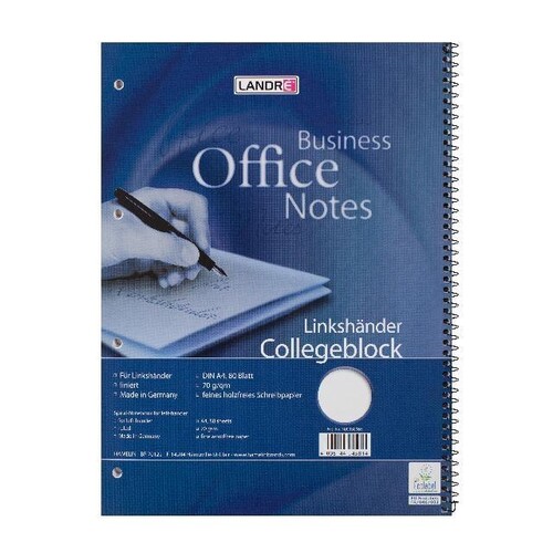 Collegeblock für Linkshänder A4 liniert 4-fach Lochung Rand links 80Blatt 70g holzfrei weiß Landré 100050065 Produktbild Front View L