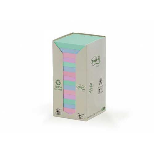 Haftnotizen Post-it Recycling Notes 3M Tower 76x76mm rosa/mint/hellblau/flieder Papier 654-1RPT (ST=16x 100 BLATT) Produktbild Front View L