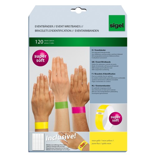 Eventbänder mit Etiketten 26cm neongelb besonders weiches Material Sigel EB213 (PACK=120 STÜCK) Produktbild