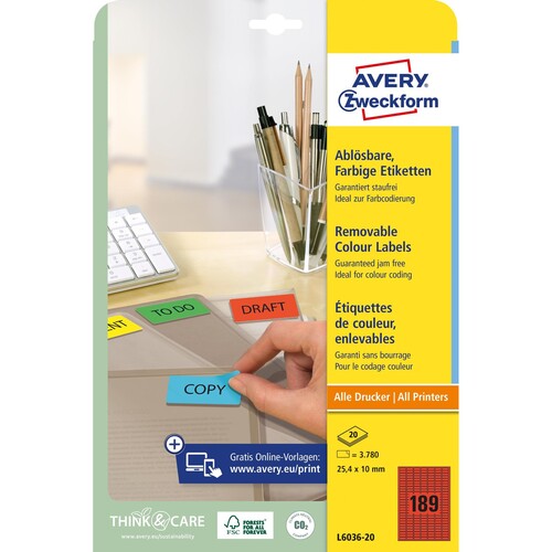 Etiketten Inkjet+Laser+Kopier 25,4x10mm auf A4 Bögen rot wiederablösbar Zweckform L6036-20 (PACK=3780 STÜCK) Produktbild Additional View 1 L
