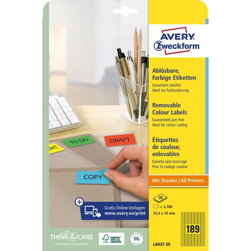 Etiketten Inkjet+Laser+Kopier 25,4x10mm A4 Bögen gelb wiederablösbar Zweckform L6037-20 (PACK=3780 STÜCK) Produktbild Additional View 1 L