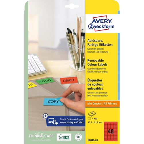 Etiketten Inkjet+Laser+Kopier 45,7x21,2mm auf A4 Bögen rot wiederablösbar Zweckform L6038-20 (PACK=960 STÜCK) Produktbild Additional View 1 L