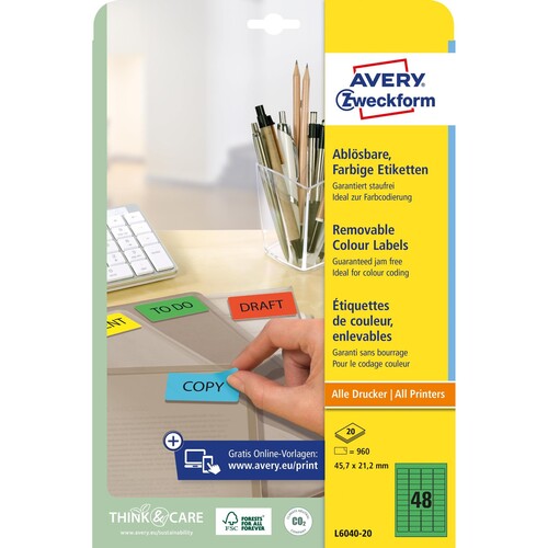 Etiketten Inkjet+Laser+Kopier 45,7x21,2mm auf A4 Bögen grün wiederablösbar Zweckform L6040-20 (PACK=960 STÜCK) Produktbild Additional View 1 L