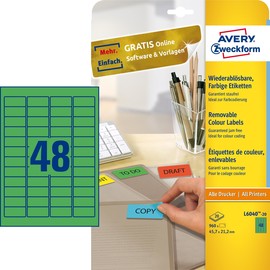 Etiketten Inkjet+Laser+Kopier 45,7x21,2mm auf A4 Bögen grün wiederablösbar Zweckform L6040-20 (PACK=960 STÜCK) Produktbild