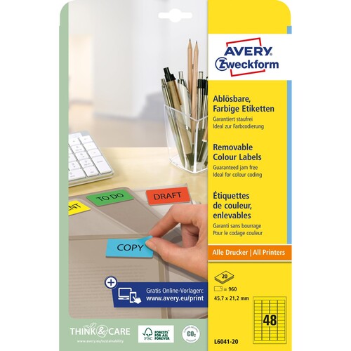 Etiketten Inkjet+Laser+Kopier 45,7x21,2mm auf A4 Bögen gelb wiederablösbar Zweckform L6041-20 (PACK=960 STÜCK) Produktbild Additional View 1 L