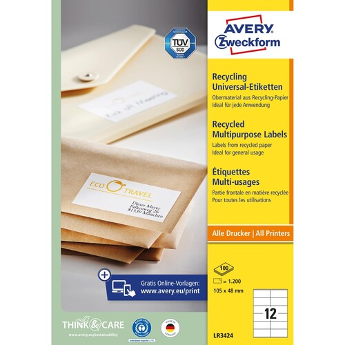 Etiketten Inkjet+Laser+Kopier 105x48mm auf A4 Bögen recycling weiß Zweckform LR3424 (PACK=1200 STÜCK) Produktbild Additional View 1 L