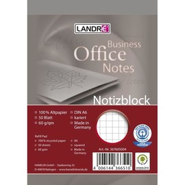 Notizblock A6 kariert mit Deckblatt perforiert 50Blatt 60g Recycling Landré 100050295 Produktbild