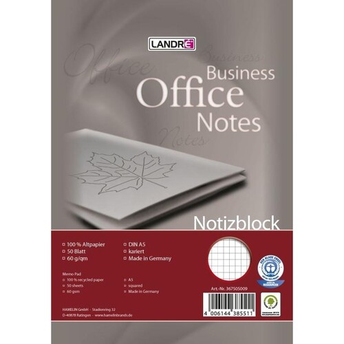 Spiralnotizblock A5 kariert 50Blatt 60g Recycling Landré 100050292 Produktbild Front View L