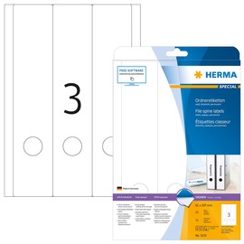 Rückenschilder zum Bedrucken 61x297mm lang breit auf A4 Bögen weiß selbstklebend Herma 5135 (PACK=75 STÜCK) Produktbild