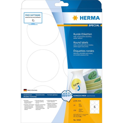 Etiketten Inkjet+Laser+Kopier Ø 85mm auf A4 Bögen Movables weiß wiederablösbar Herma 5068 (PACK=150 STÜCK) Produktbild Additional View 1 L