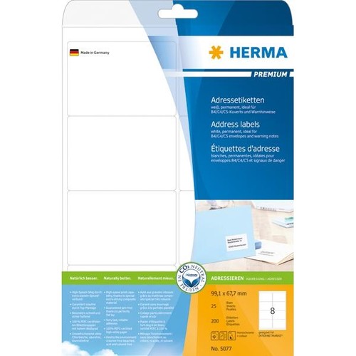 Etiketten PREMIUM Inkjet+Laser+Kopier 99,1x67,7mm auf A4 Bögen weiß permanent Herma 5077 (PACK=200 STÜCK) Produktbild Additional View 3 L