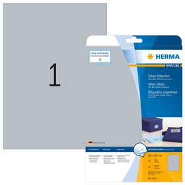 Folien-Etiketten Laser+Kopier 210x297mm A4 wasserfest silber glänzend Herma 4117 (PACK=25 STÜCK) Produktbild