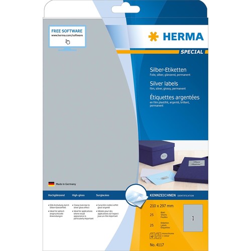 Folien-Etiketten Laser+Kopier 210x297mm A4 wasserfest silber glänzend Herma 4117 (PACK=25 STÜCK) Produktbild Additional View 1 L
