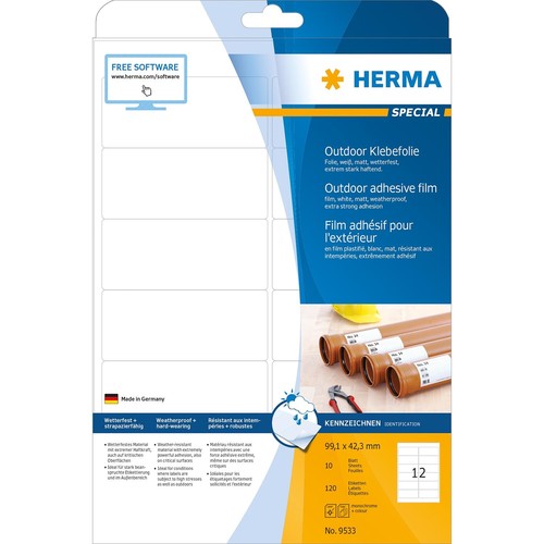 Folien-Etiketten Laser+Kopier 99,1x42,3mm auf A4 Bögen wetterfest+ alterungsbeständig matt weiß Herma 9533 (PACK=120 STÜCK) Produktbild Additional View 1 L