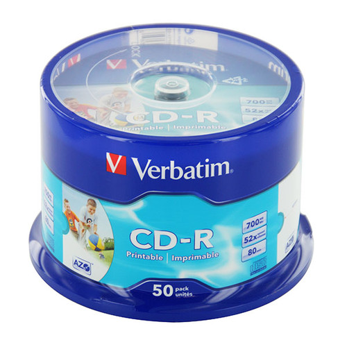 CD Rohling CD-R bedruckbar Spindel 52er Speed 700MB/80Min. Verbatim 43438 (PACK=50 STÜCK) Produktbild Front View L
