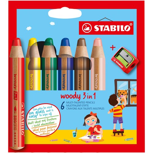 Multitalent-Stifte woody 3 in 1 + Spitzer sortiert 10mm Mine Stabilo 8806-2 (ETUI=6 STÜCK) Produktbild