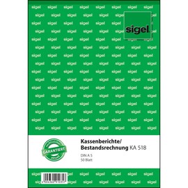 Kassenbericht/ Bestandsrechnung A5 hoch 50Blatt Sigel KA518 Produktbild