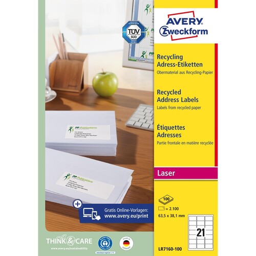 Adress-Etiketten Laser 63,5x38,1mm auf A4 Bögen recycling weiß Zweckform LR7160-100 (PACK=2100 STÜCK) Produktbild Additional View 1 L