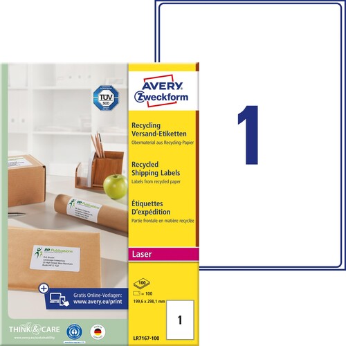 Adress-Versand-Etiketten Laser 199,6x289,1mm auf A4 Bögen recycling weiß Zweckform LR7167-100 (PACK=100 STÜCK) Produktbild