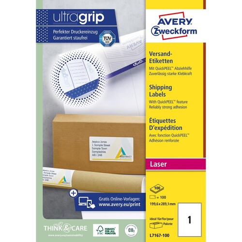 Versand-Etiketten Laser blickdicht 199,6x289,1mm auf A4 Bögen weiß Papier Zweckform L7167-100 (PACK=100 STÜCK) Produktbild Additional View 1 L