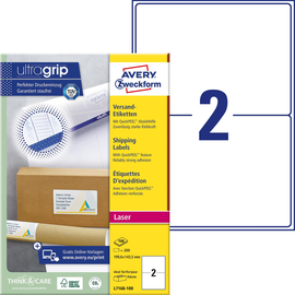 Versand-Etiketten Laser blickdicht 199,6x143,5mm auf A4 Bögen weiß Papier Zweckform L7168-100 (PACK=200 STÜCK) Produktbild