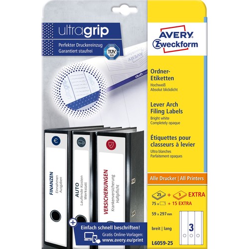 Rückenschilder zum Bedrucken 59x297mm lang breit auf A4 Bögen weiß selbstklebend Zweckform L6059-25 (PACK=90 STÜCK) Produktbild Additional View 1 L