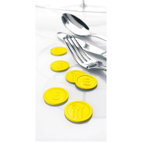 Wertmarken "Essen" Druck mit Motiv+E ø 25mm gelb Kunststoff Sigel WM002 (PACK=100 STÜCK) Produktbild Additional View 3 L