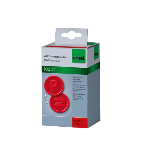 Wertmarken "Pfand" Druck mit Motiv+P ø 25mm rot Kunststoff Sigel WM008 (PACK=100 STÜCK) Produktbild