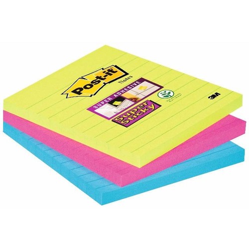 Haftnotizen Post-it Super Sticky Notes 101x101mm neonfarben Papier 3M 6753SSMX (PACK=3x 70 BLATT) Produktbild