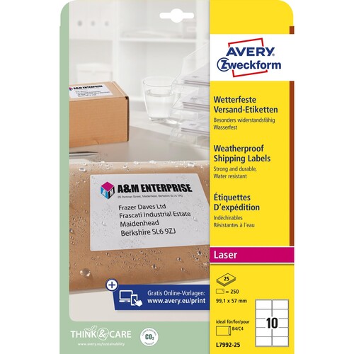 Versand-Etiketten Laser wetterfest 99,1x57mm auf A4 Bögen weiß Polyester Zweckform L7992-25 (PACK=250 STÜCK) Produktbild Additional View 1 L