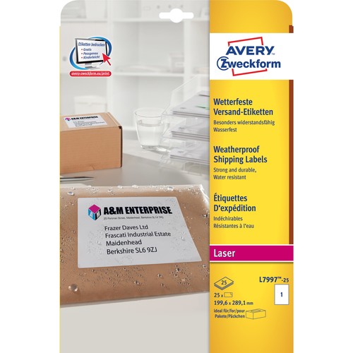 Versand-Etiketten Laser 199,6x289,1mm auf A4 Bögen weiß wetterfest Polyester Zweckform L7997-25 (PACK=25 STÜCK) Produktbild Additional View 1 L
