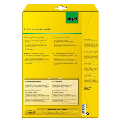 Schildchen Inkjet+Laser+Kopier für Hängemappen 60x21mm Sigel LP720 (PACK=156 STÜCK) Produktbild Additional View 1 L