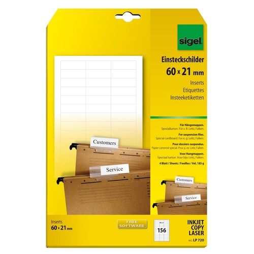 Schildchen Inkjet+Laser+Kopier für Hängemappen 60x21mm Sigel LP720 (PACK=156 STÜCK) Produktbild Additional View 2 L