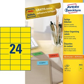 Etiketten Inkjet+Laser+Kopier 70x37mm auf A4 Bögen gelb Zweckform 3451 (PACK=2400 STÜCK) Produktbild