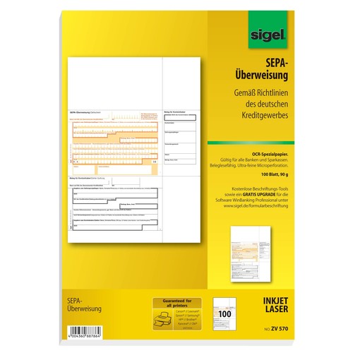 Standardüberweisung Inkjet+Laser+Kopier SEPA A4 90g beleglesefähig Sigel ZV570 (PACK=100 BLATT) Produktbild Additional View 1 L