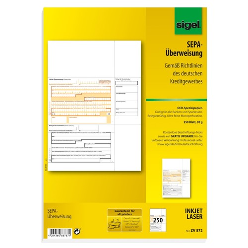 Standardüberweisung Inkjet+Laser+Kopier SEPA A4 90g beleglesefähig Sigel ZV572 (PACK=250 BLATT) Produktbild Additional View 1 L