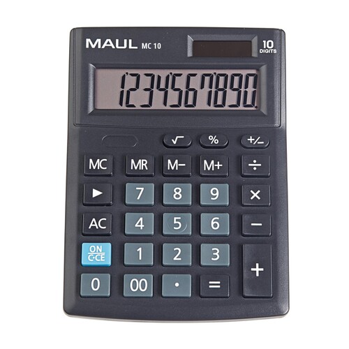 Tischrechner 10-stelliges Display MC10 schwarz Solar-/Batteriebetrieb Maul 7265490 13,7x10,3x3,1cm Produktbild Front View L