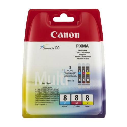 Tintenpatronen CLI-8 Multipack für Pixma IP4200/5200/MP500 je 13ml cyan+magenta+yellow Canon 0621b029 (ST=3 STÜCK) Produktbild Front View L